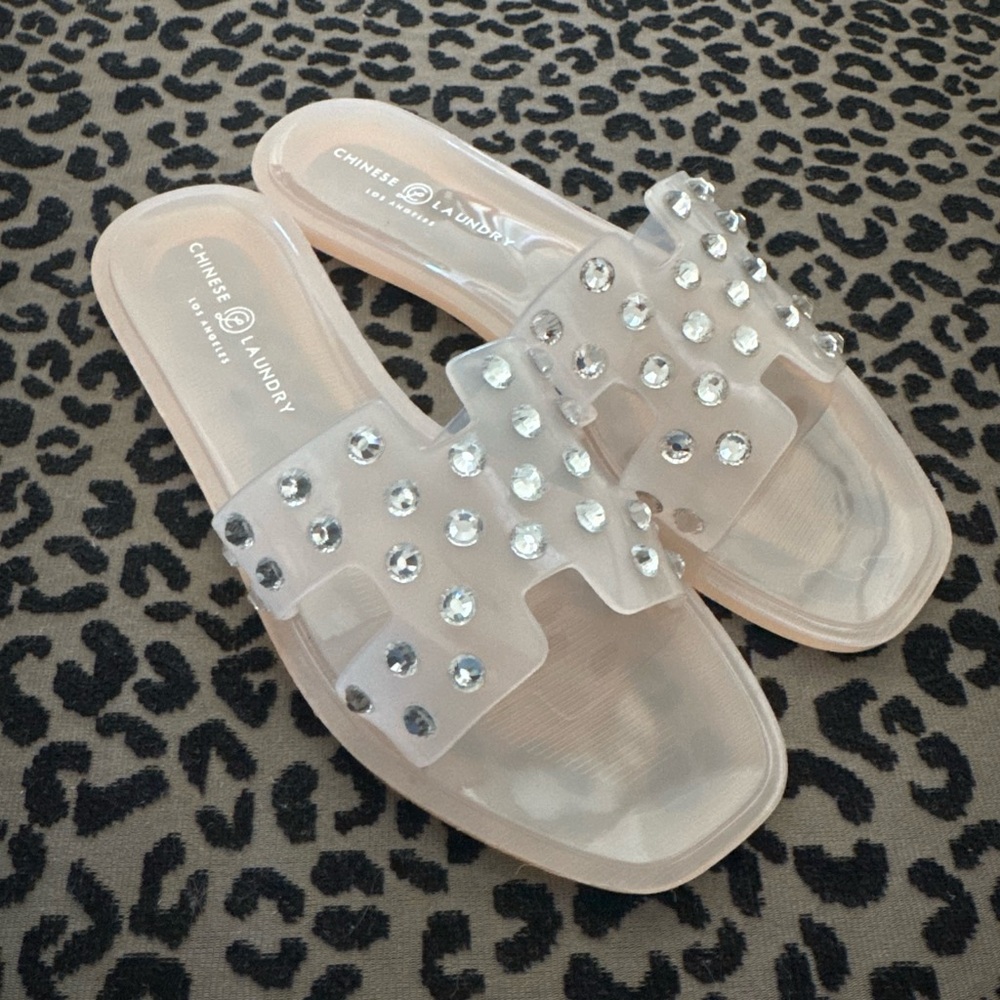 Chinese Laundry Clear Jelly Slide Sandals with Rhinestones